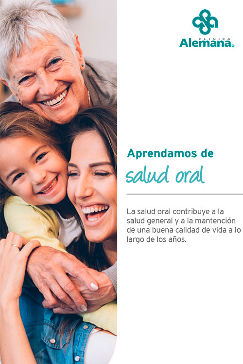 Salud_Oral_Aprendamos_de_Clinica_Alemana Portada de material educativo sobre salud oral (Familia de mujeres de diferentes edades)