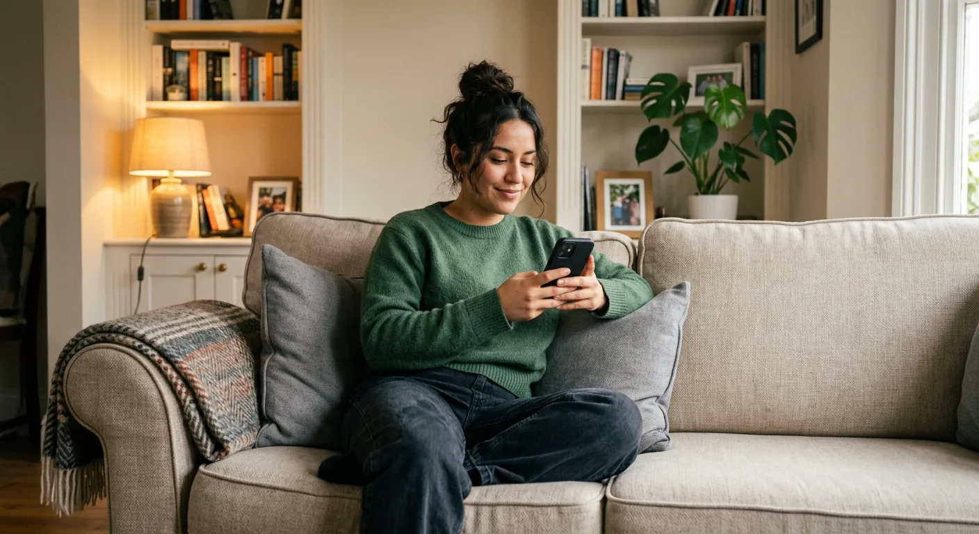 Mujer sentada en un sillón revisando su teléfono