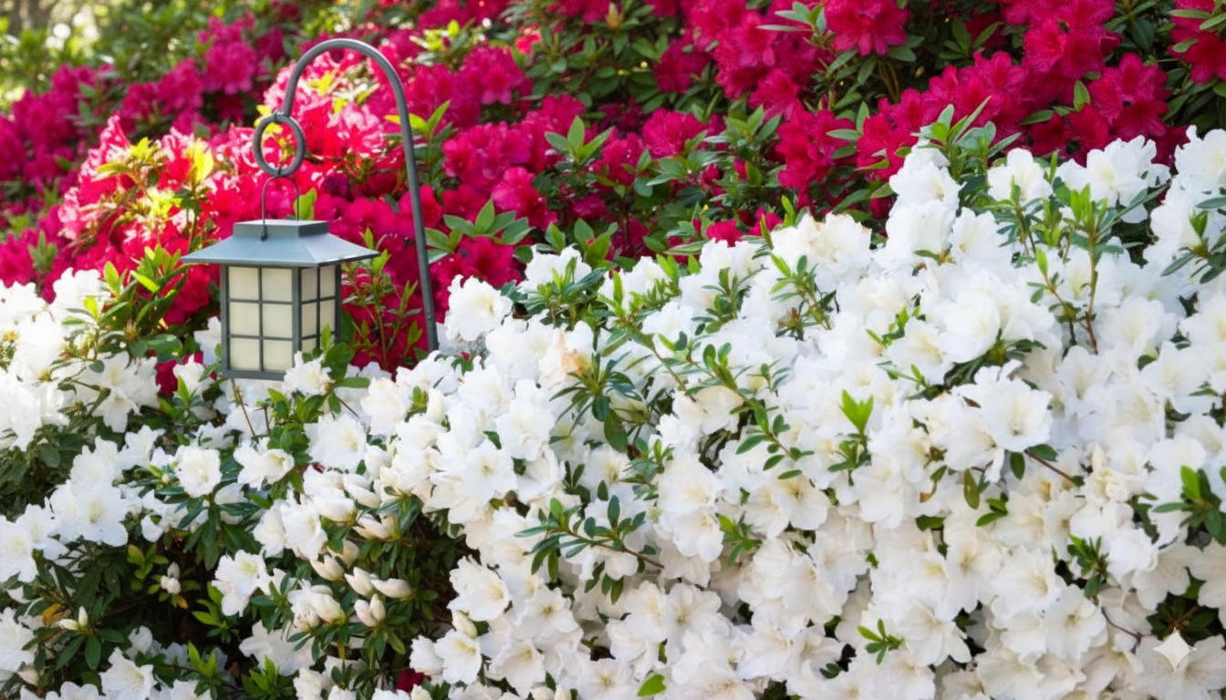 Flores de azaleas y rododendros en jardín, plantas que pueden causar alergias en la piel durante la primavera.