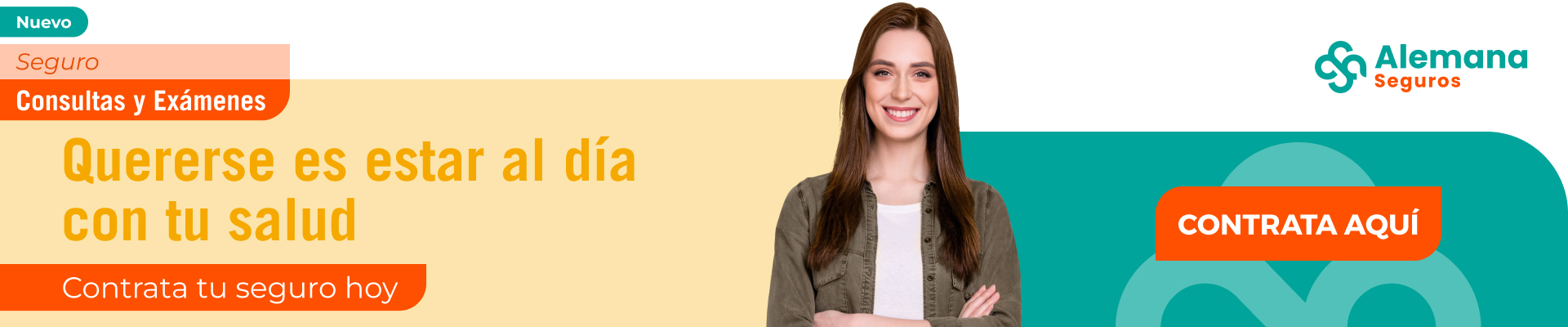 Banner de Alemana Seguros – Seguro Consultas y Exámenes: mujer sonriendo, llamado a contratar cobertura de salud preventiva.