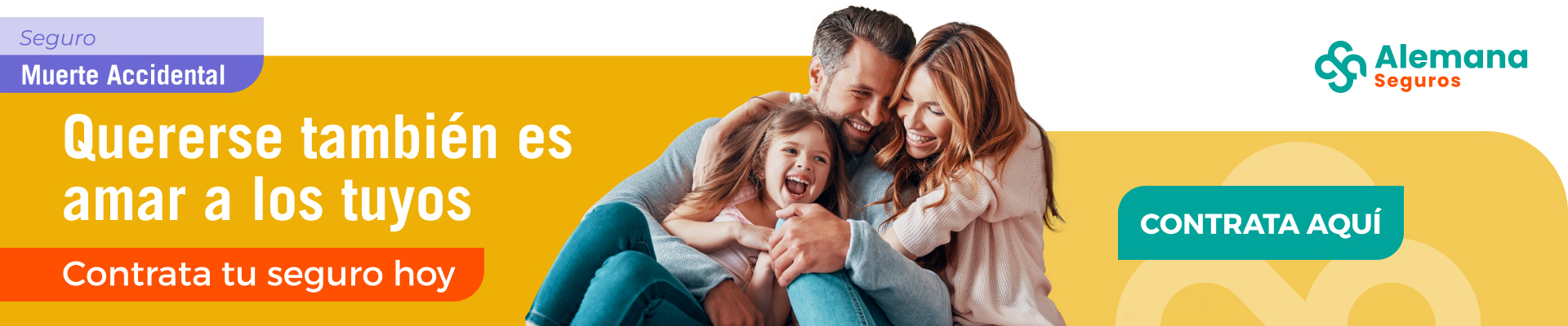 Banner del Seguro por Muerte Accidental de Alemana Seguros, con padres e hija riendo, mensaje 