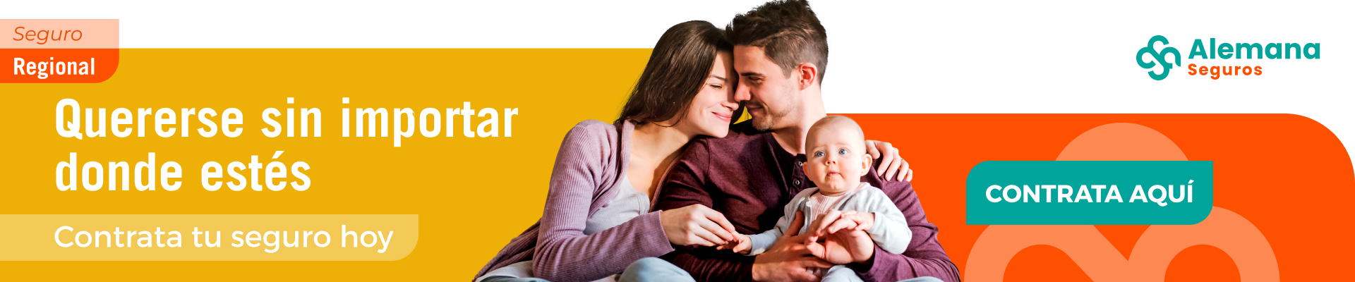 Banner del Seguro Regional de Alemana Seguros, con familia joven y bebé, mensaje 