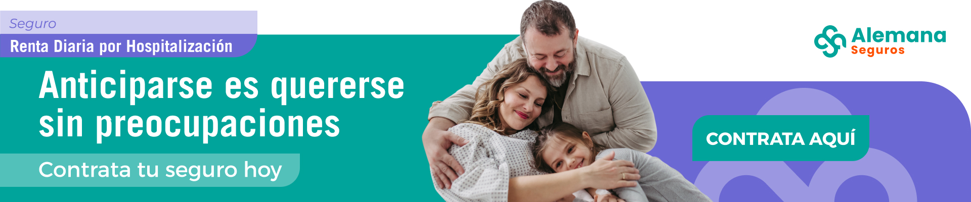 Banner de seguro Renta Diaria por Hospitalización de Alemana Seguros, con familia abrazada y mensaje 