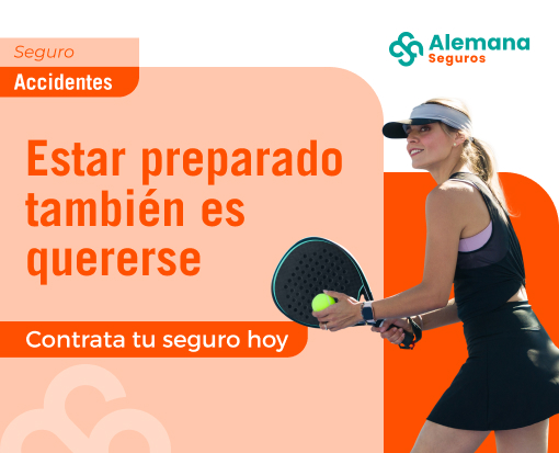Seguro de Accidentes de Alemana Seguros: deportista con raqueta de pádel, cobertura 24/7 y prevención.